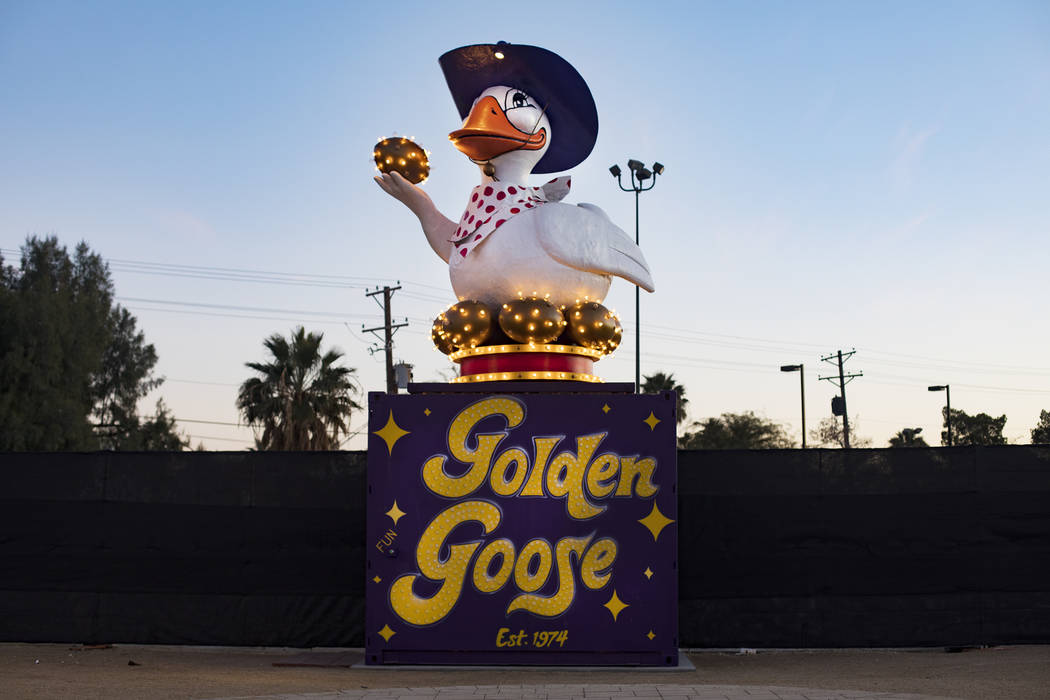 The Golden Goose, a restored YESCO marquee on Fremont and 10th Street in Downtown Las Vegas in ...