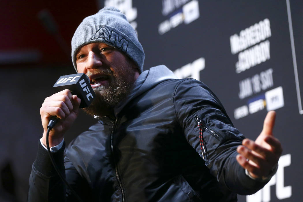 Conor McGregor speaks during media day at UFC Apex in Las Vegas on Thursday, Jan. 16, 2020, ahe ...