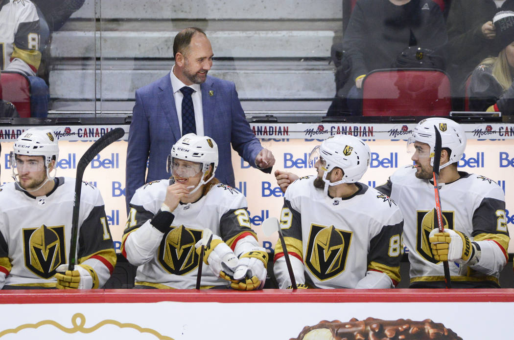 Vegas Golden Knights new head coach Peter DeBoer is seen on the bench as they take on the Ottaw ...