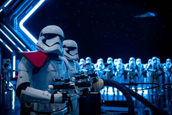 Stormtroopers await guests as they arrive in the hangar bay of a Star Destroyer as part of "Sta ...