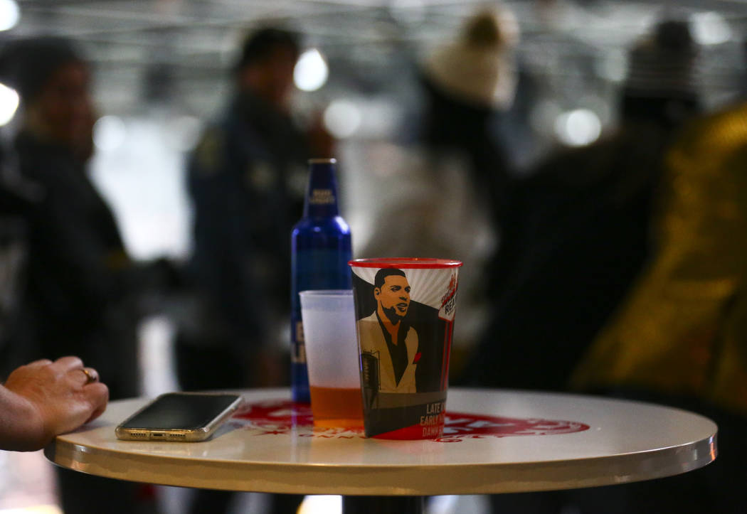 A cup featuring Golden Knights' Ryan Reaves is seen at the Hyde Lounge space at T-Mobile Arena ...