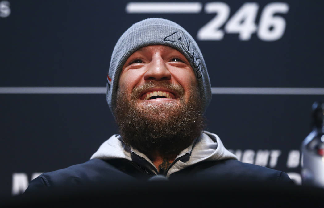 Conor McGregor reacts during media day ahead of UFC 246, slated for Jan. 18, at UFC Apex in Las ...