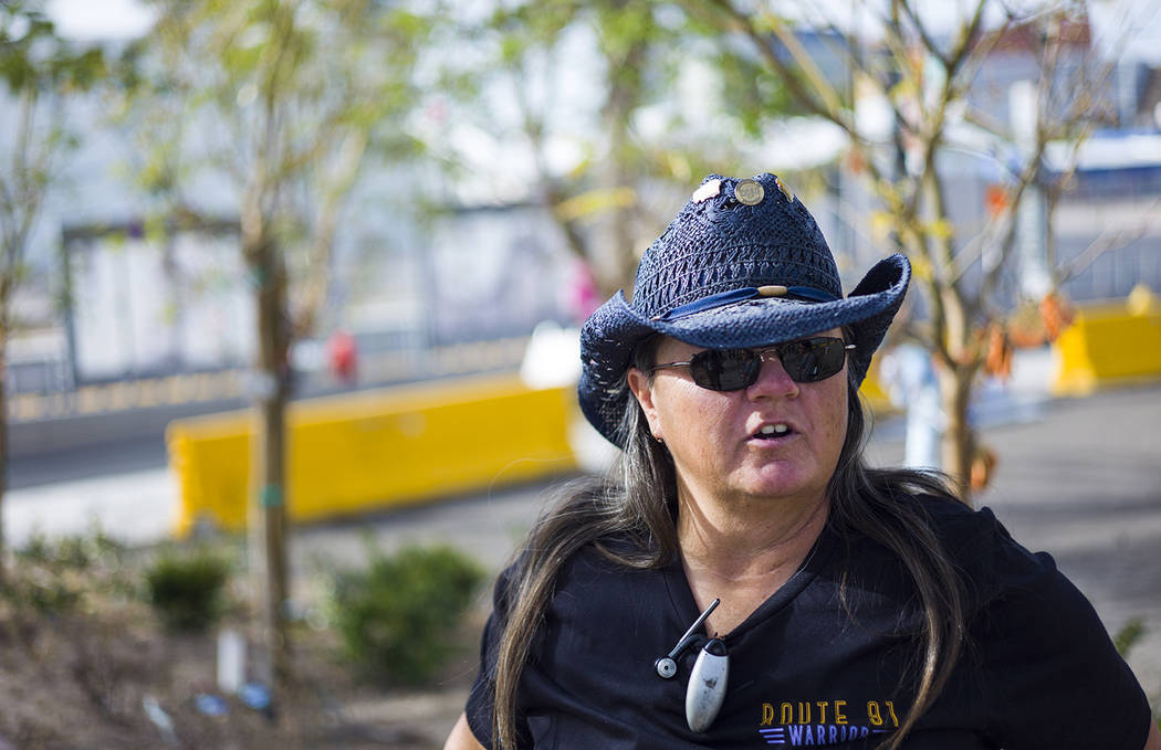 Oct. 1 shooting survivor Sue Ann Cornwell at the Community Healing Garden in downtown Las Vegas ...