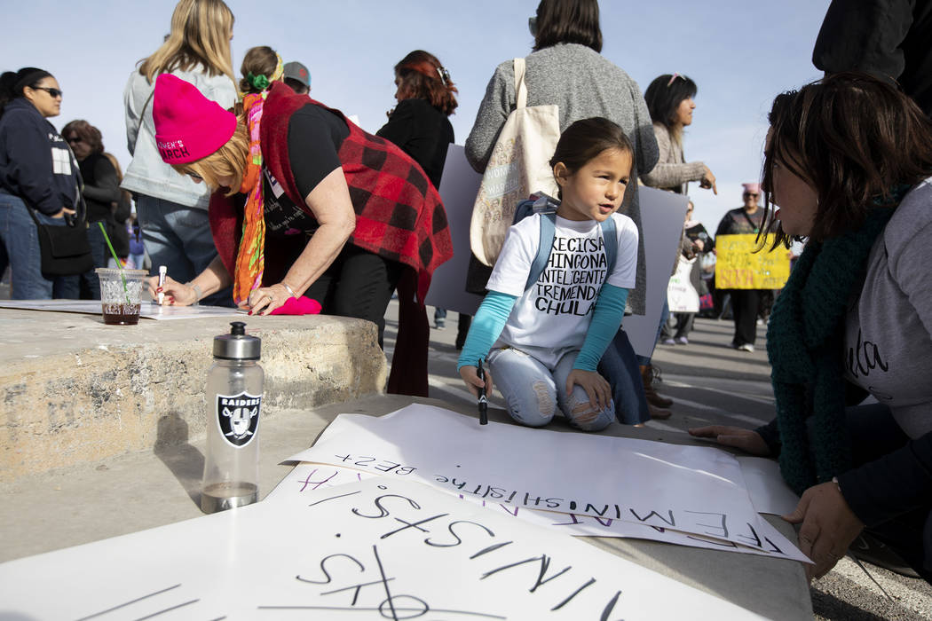 Sofia Hernandez-Bernabei, 5, asks her mom Cristina Hernandez how to spell "feminist" ...