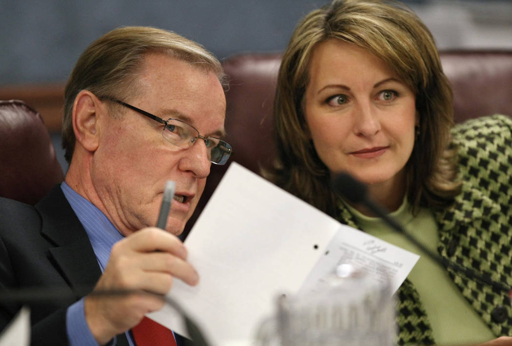 Nevada Sens. David Parks, and Allison Copening, both D-Las Vegas, talk in a Senate Judiciary he ...