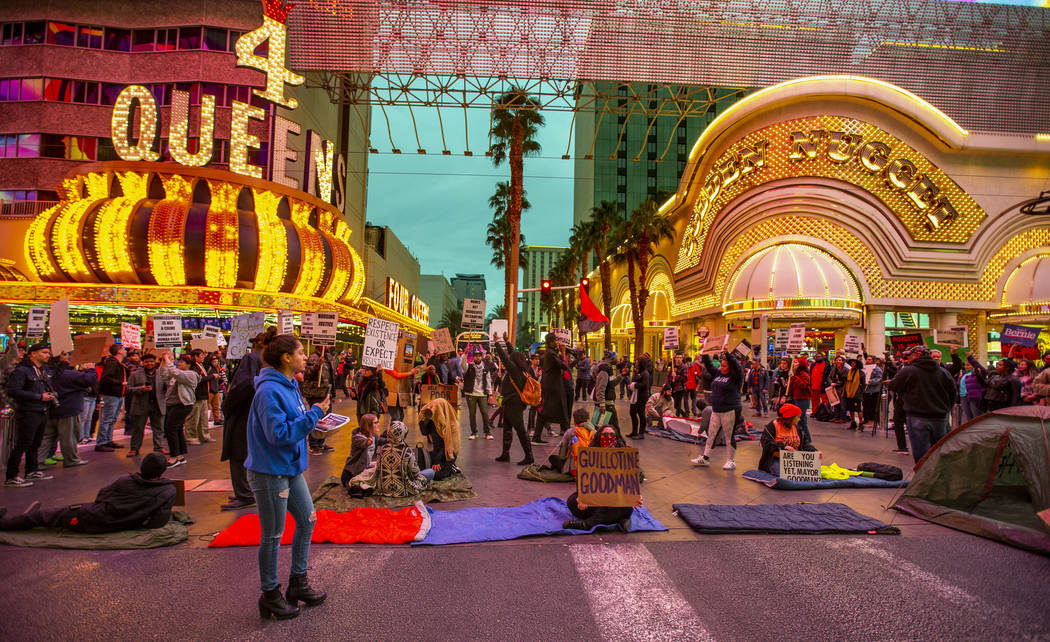 Local activists block Casino Center Blvd. through the Fremont Experience following a rally at t ...