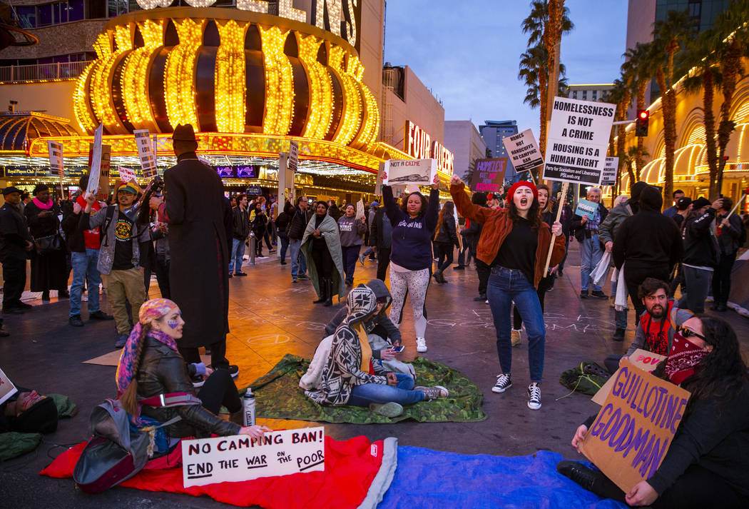 Local activists block Casino Center Blvd. through the Fremont Experience following a rally at t ...