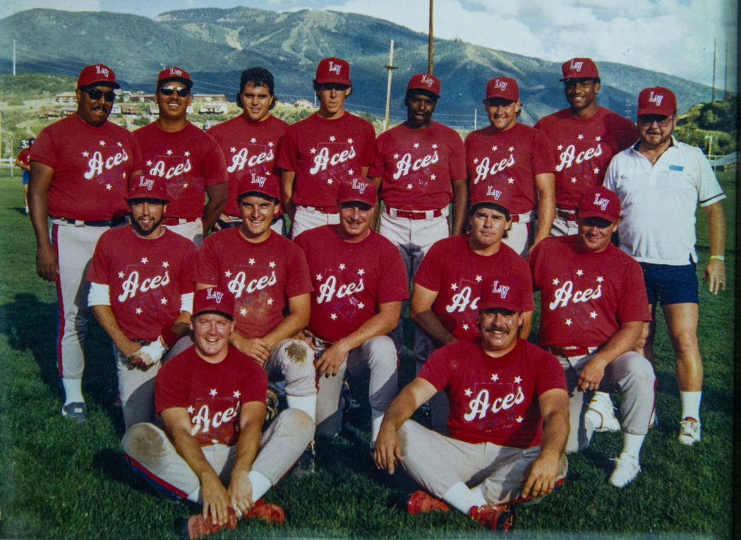 A team photo from 1989 is on display during the Las Vegas Aces slow-pitch softball team 30th re ...