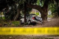 This photo shows a Toyota Prius at the scene of a deadly crash in the Temescal Valley, south of ...