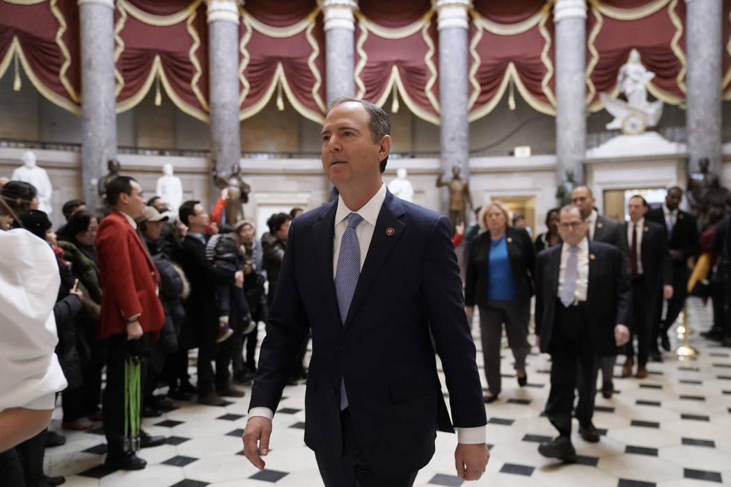 Impeachment managers, House Intelligence Committee Chairman Adam Schiff, D-Calif., front center ...