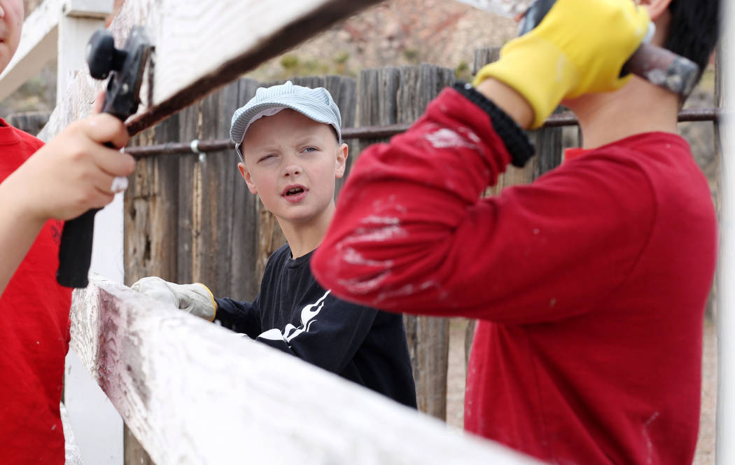 Micah Coombes, 11, with Scouts BSA of Las Vegas Troop 155, paints a fence during an outreach ou ...