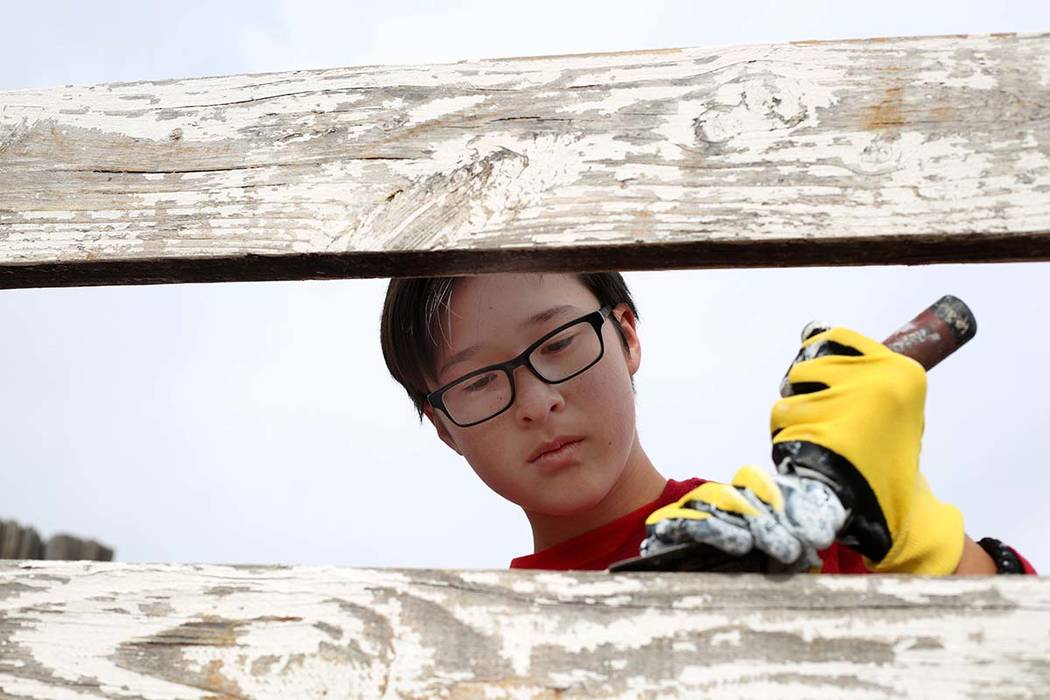 Kazma Leavold, 14, with Scouts BSA of Las Vegas Troop 155, paints a fence during an outreach ou ...
