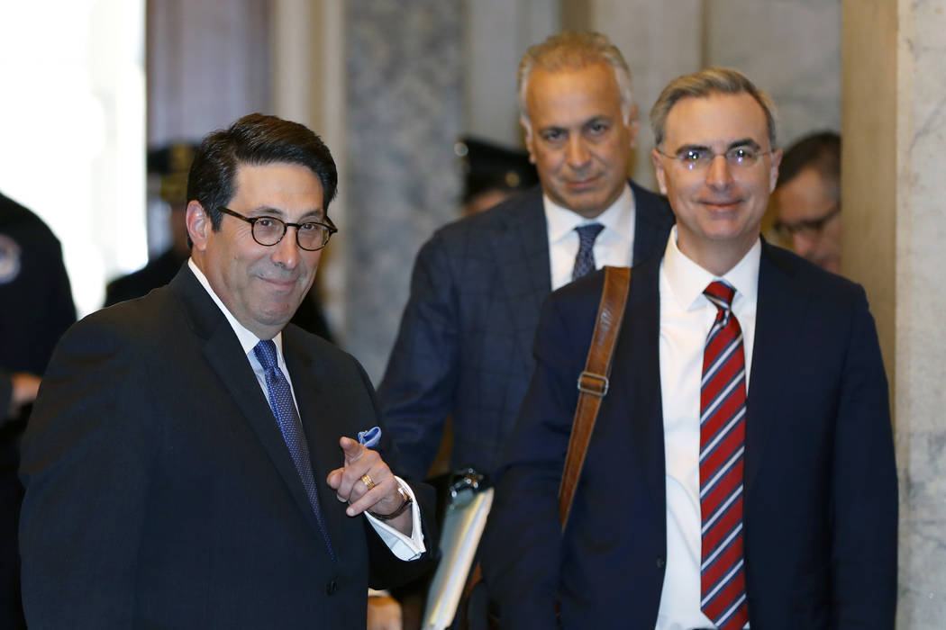 President Donald Trump's personal attorney Jay Sekulow, left, stands with White House Counsel P ...