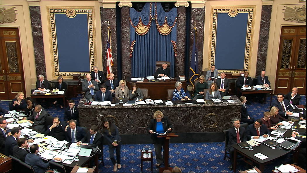 In this image from video, impeachment manager Rep. Zoe Lofgren, D-Calif., speaks in support of ...