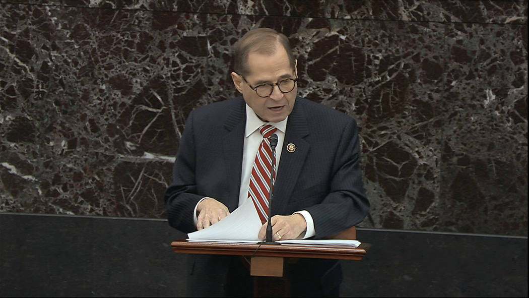 In this image from video, House impeachment manager Rep. Jerrold Nadler, D-N.Y., speaks during ...