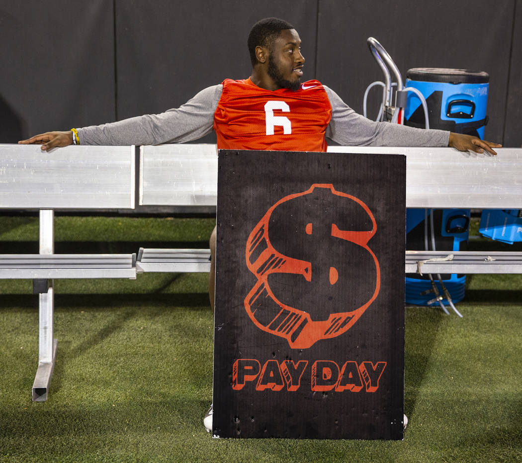 Rayshad Jackson (6) sits on the bench during the UNLV football team scrimmage at Sam Boyd Stadi ...