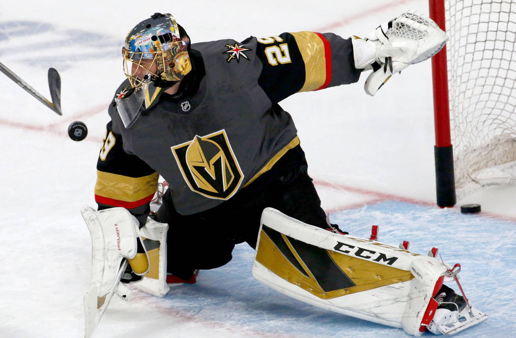 Vegas Golden Knights goaltender Marc-Andre Fleury (29) is seen in warm-ups prior to an NHL hock ...