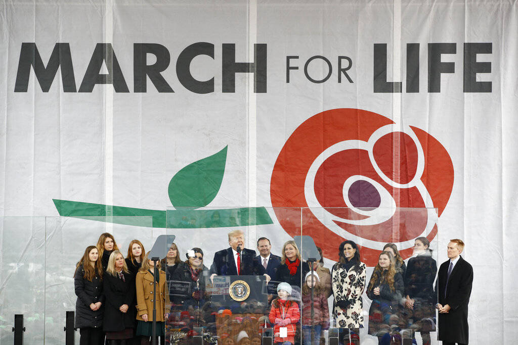 President Donald Trump speaks at a March for Life rally, Friday, Jan. 24, 2020, on the National ...