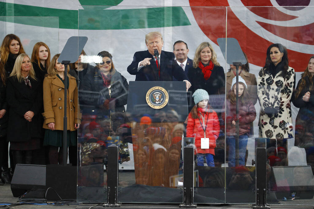 President Donald Trump speaks at a March for Life rally, Friday, Jan. 24, 2020, on the National ...