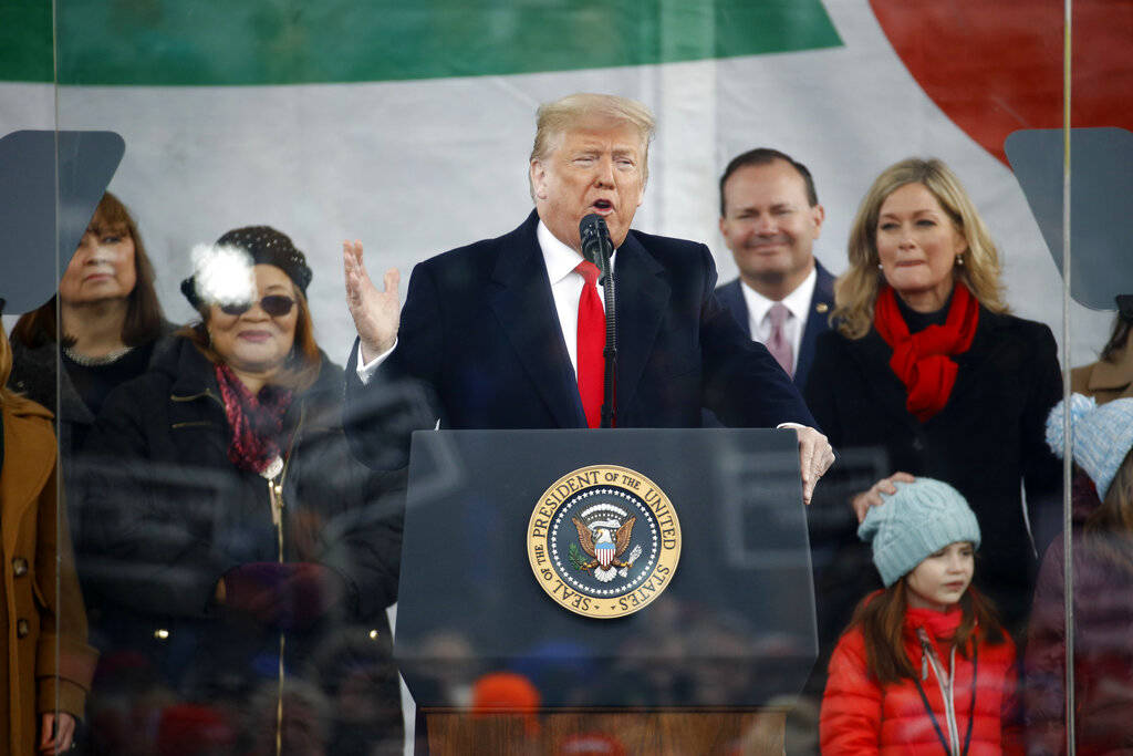 President Donald Trump speaks at a March for Life rally, Friday, Jan. 24, 2020, on the National ...
