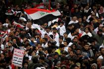 Followers of Shiite cleric Muqtada al-Sadr gather in Baghdad, Iraq, Friday, Jan. 24, 2020. Thou ...