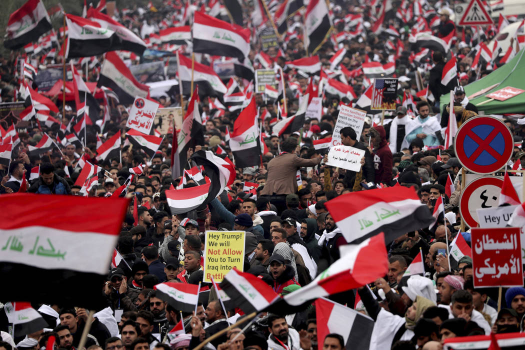 Followers of Shiite cleric Muqtada al-Sadr gather in Baghdad, Iraq, Friday, Jan. 24, 2020. Thou ...