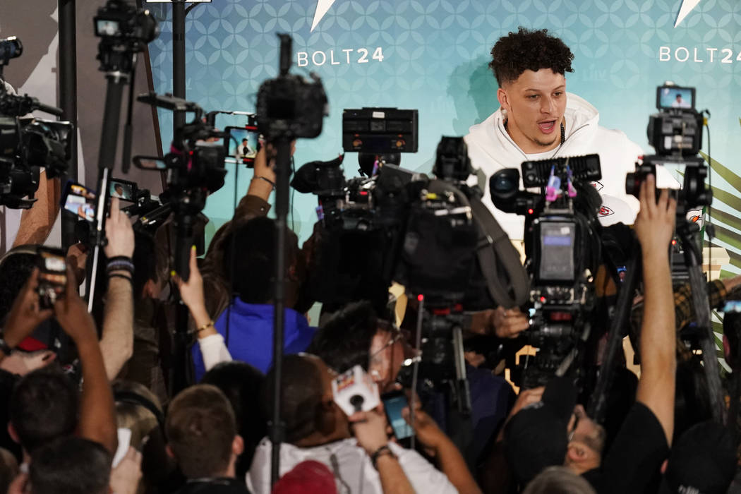 Kansas City Chiefs Patrick Mahomes speaks to the media during Opening Night for the NFL Super B ...