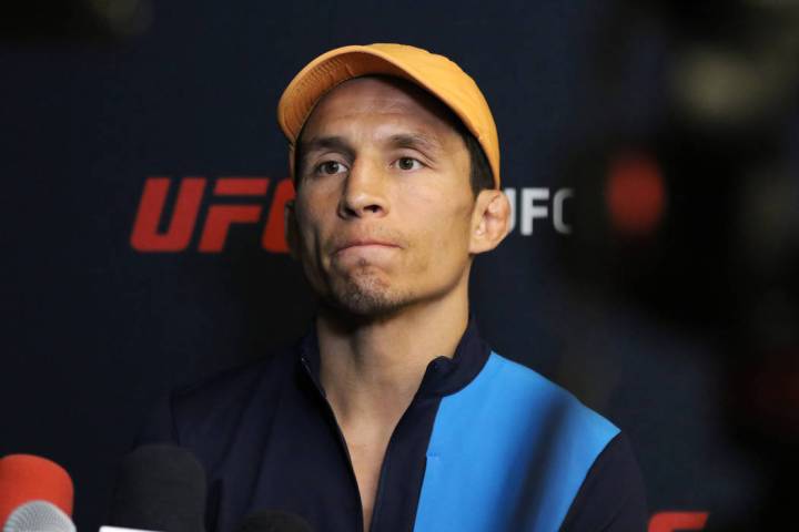 UFC flyweight Joseph Benavidez takes questions during a media scrum at the UFC Performance Inst ...