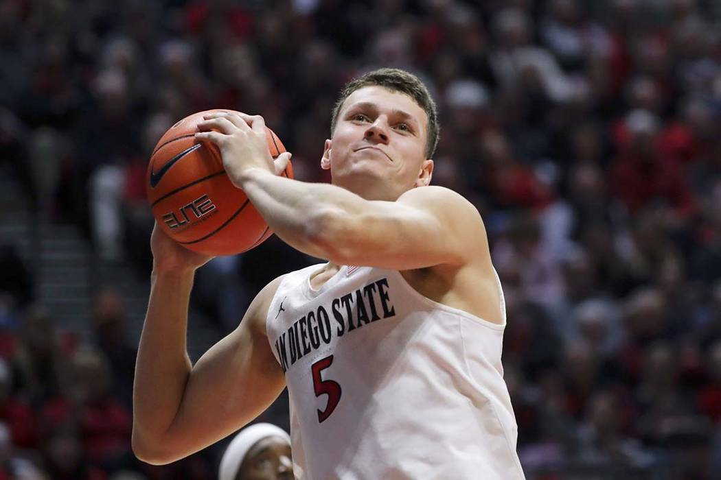 FILE - In this Jan. 11, 2020, file photo, San Diego State forward Yanni Wetzell during the seco ...