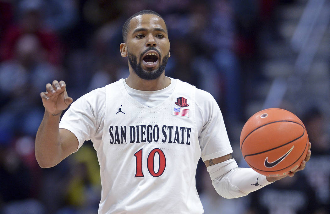 FILE - In this Dec. 28, 2019, file photo, San Diego State guard KJ Feagin gestures as he dribbl ...