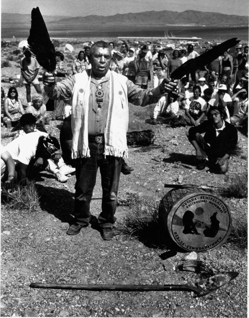 Western Shoshone spiritual leader Corbin Harney is shown during an anti-nuclear protest outside ...