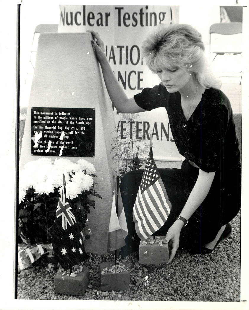 A demonstrator makes an addition to a display at the Nevada Test Site in 1984. (Review-Journal ...