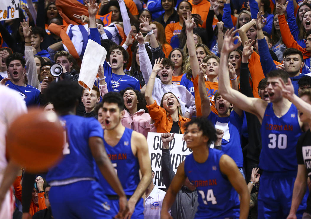 Bishop Gorman students cheer during the second half of a basketball game against Coronado at th ...