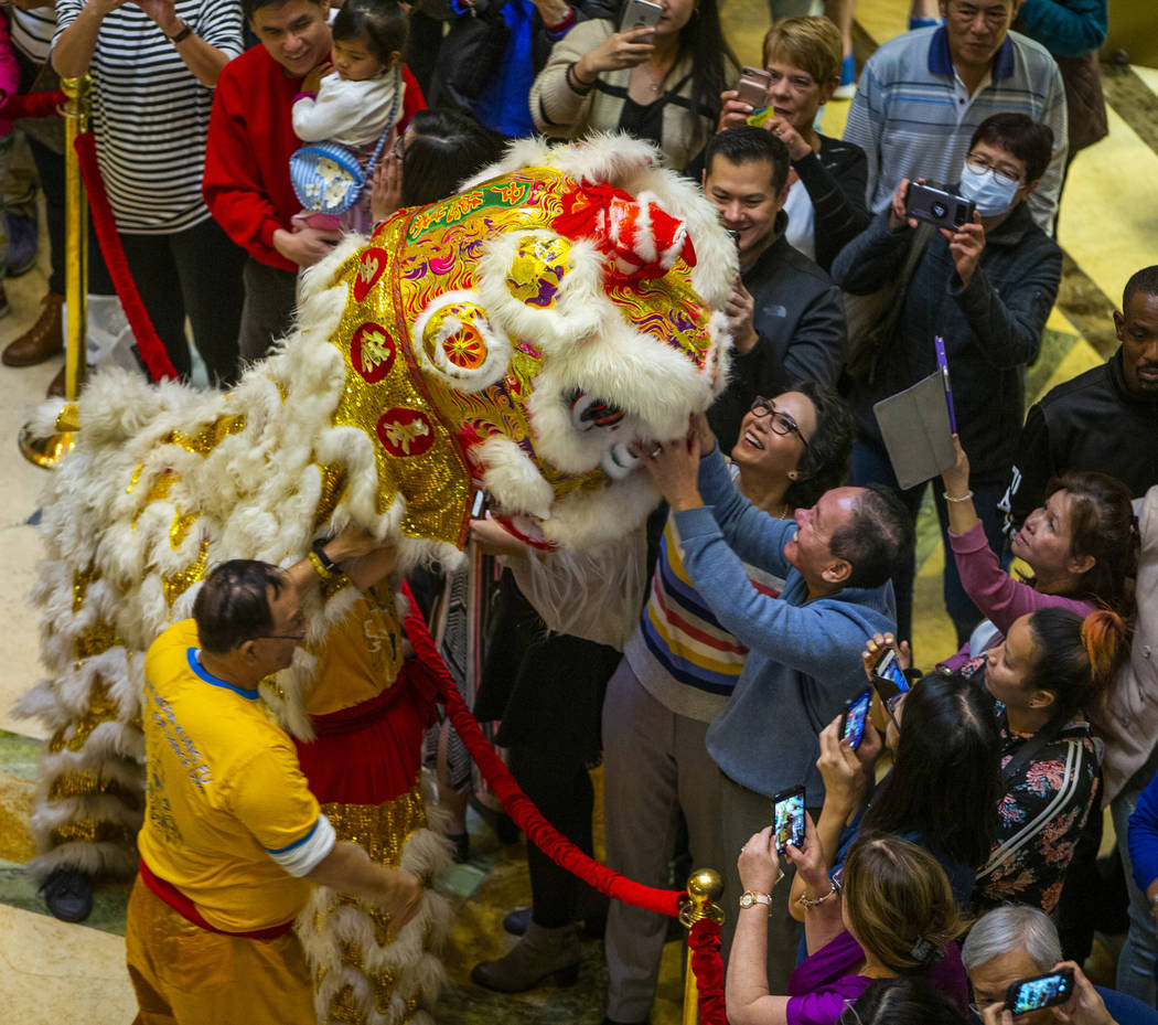 People interact with a lion as dancers from the Yau Kung Moon dance troupe in San Francisco per ...