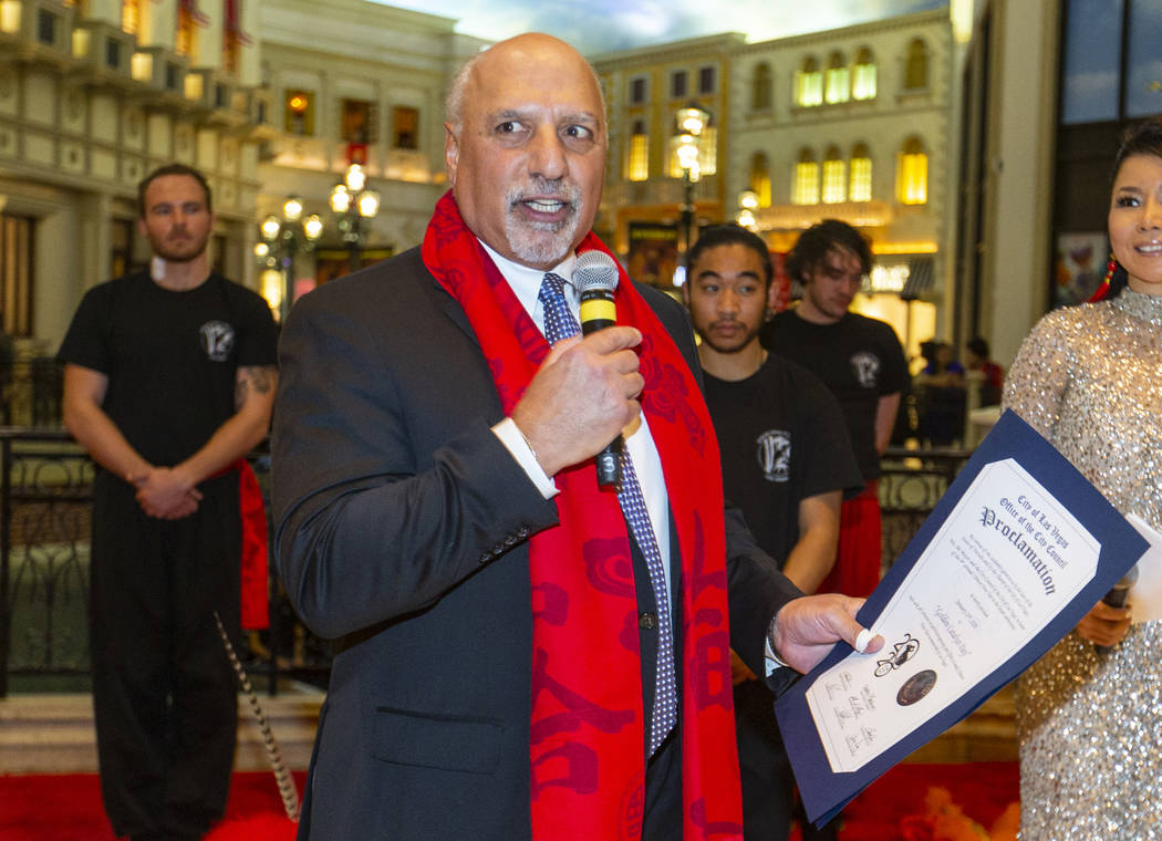 Las Vegas City Councilman Stavros Anthony presents a proclamation as the Grand Canal Shoppes ce ...