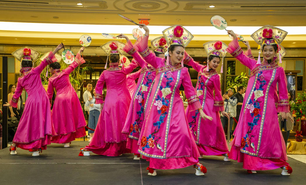 Members of the Shirley Chen dance troupe perform at a reception as the Grand Canal Shoppes cele ...