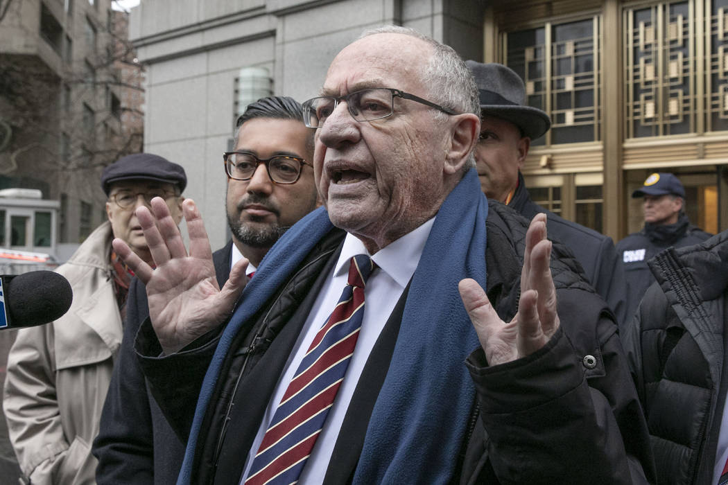 Attorney Alan Dershowitz talks to the press outside federal court, in New York, Dec. 2, 2019. D ...