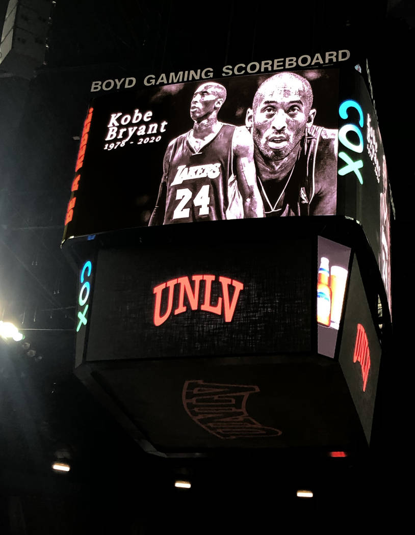A tribute to Kobe Bryant is shown on the scoreboard at the Thomas & Mack Center before the ...