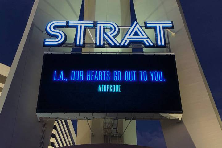 The Strat posts a message that reads, "OUR HEARTS GO OUT TO YOU," with a #RIPKOBE hashtag in La ...