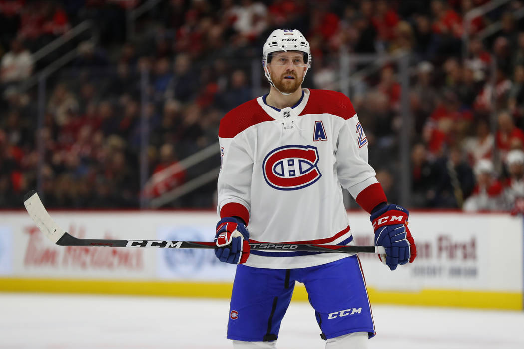 Montreal Canadiens defenseman Jeff Petry plays against the Detroit Red Wings in the first perio ...