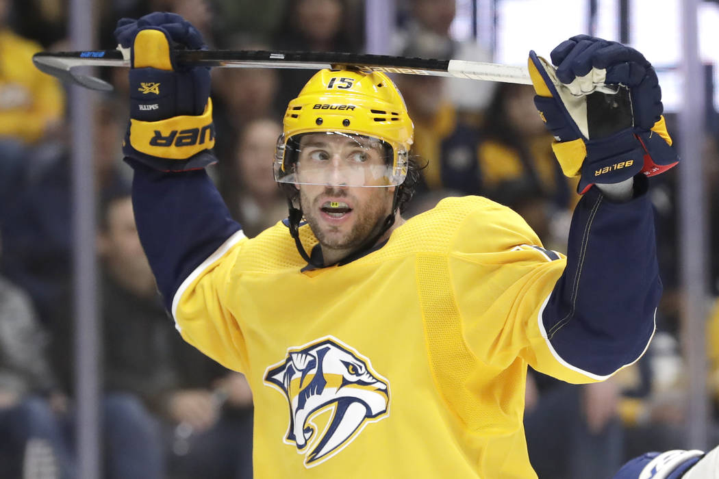 Nashville Predators right wing Craig Smith reacts to a missed scoring chance against the Toront ...
