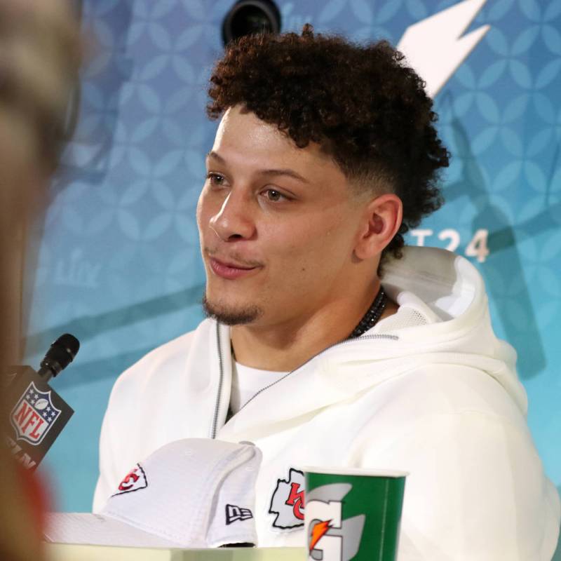 Kansas City Chiefs quarterback Patrick Mahomes takes questions during Super Bowl LIV Opening Ni ...