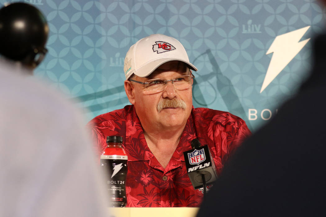 Kansas City Chiefs head coach Andy Reid takes media questions during Super Bowl LIV Opening Nig ...
