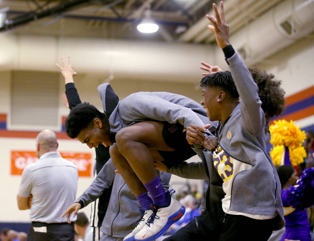 Durango players celebrate after taking the lead over Bishop Gorman in the second quarter of the ...