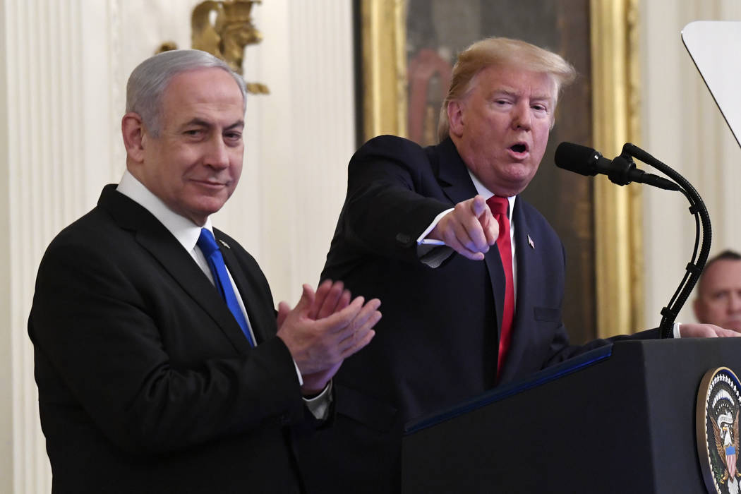 President Donald Trump speaks during an event with Israeli Prime Minister Benjamin Netanyahu in ...