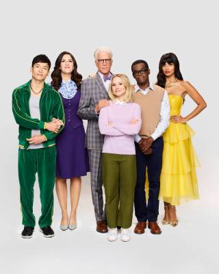 THE GOOD PLACE -- Season: 4 -- Pictured: (l-r) Manny Jacinto as Jason, Ted Danson as Michael, K ...