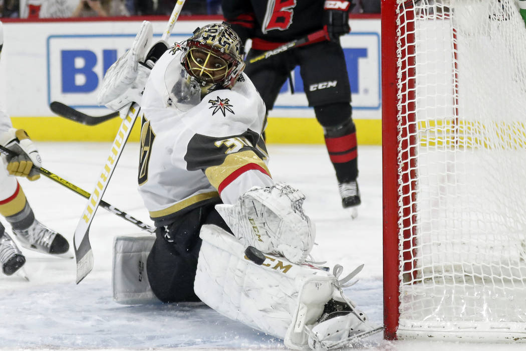 Vegas Golden Knights goaltender Malcolm Subban stops a shot during the second period of the tea ...