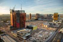 Resorts World under construction during an aerial photo on Wednesday, Oct. 16, 2019, in Las Veg ...