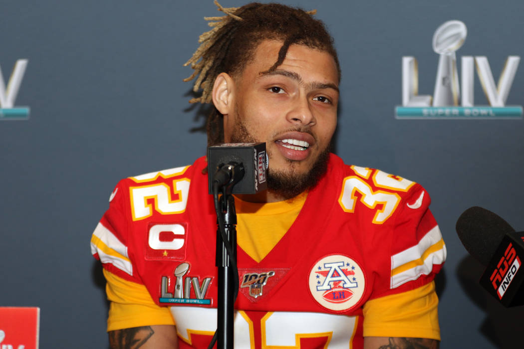 Kansas City Chiefs strong safety Tyrann Mathieu answers questions during Super Bowl LIV media d ...