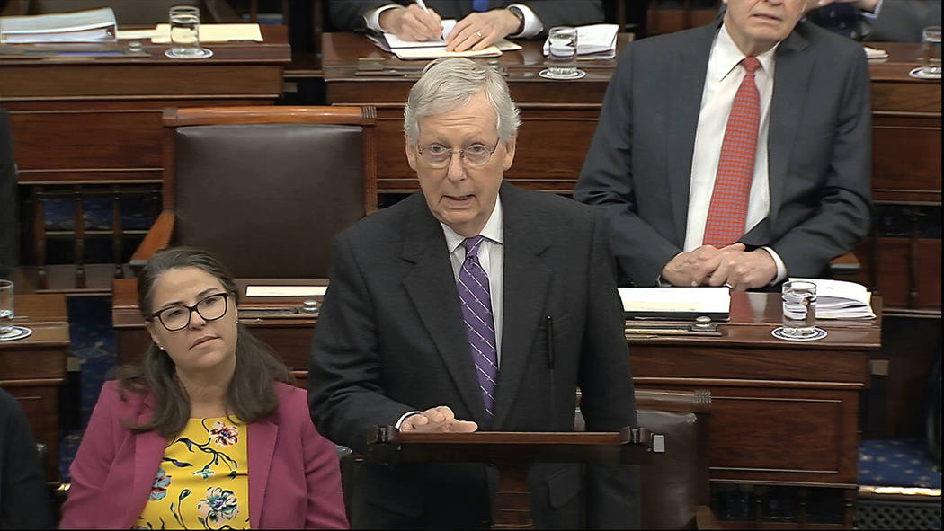 In this image from video, Senate Majority Leader Mitch McConnell, R-Ky., speaks during the impe ...